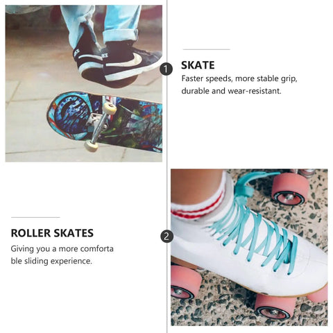 4 Piece PU Double Row Roller Skate Wheels With Bearings For Quad Skating attached to white skate on pavement
