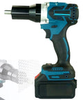 Badass Heavy Duty Cordless Electric Rivet Gun And Rivet Nut Tool With Massive Rechargeable Battery And Built In Led Light side view with ergonomic grip