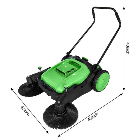 Grab A No Hook Walk-Behind Floor Sweeper With Fourty Two Sweep Width And 15 Gallon Hopper Capacity Perfect For Clearing Warehouses And Driveways Fast Without Needing Any Power Electricity Gasoline Or Batteries Just Push And Go To Keep Your Space Super