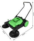 42 Inch Walk Behind Manual Floor Sweeper With 15 Gallon Waste Container And Wide Side Brushes For Garage Warehouse Yard Cleanup Heavy Duty Human Powered Build So You Can Sweep Floors With Zero Sweat Daily, showing front view with dimensions.