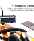 Close-up of Guitar And Bass Headphone Amp With Built In Chorus Effects Portable Rechargeable Mini Headphone Amplifier For Silent Practice Great For On The Go Includes Headphone Splitter And One Eighth Inch Aux Cable with headphones and smartphone in background.