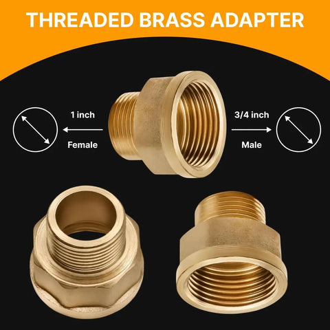 Brass threaded adapter set, 3/4 in male to 1 in female NPT, hex connector, front and side views.