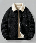 Black Casual Corduroy Jacket With Cozy Fleece Lining Full Zip Closure, Relaxed Fit Men’s Outerwear For Everyday Style on display