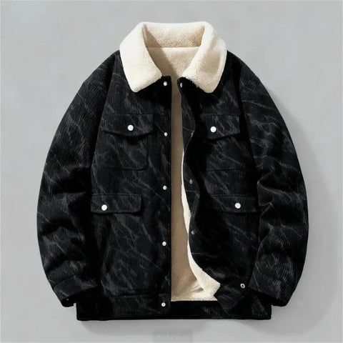 Black Casual Corduroy Jacket With Cozy Fleece Lining Full Zip Closure, Relaxed Fit Men’s Outerwear For Everyday Style on display