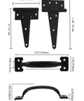 Wood Gate Hardware Set Heavy Duty 6 Inch Tee Hinge And Pull Kit With Screws, black finish, showing measurements for outdoor fence swing gate.
