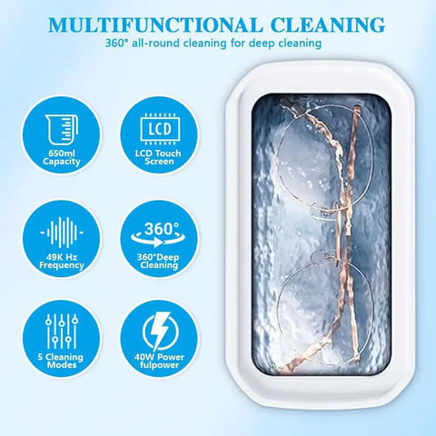 Powerful 48KHz Ultrasonic Cleaner For Jewelry And Delicate Finds, 12oz Stainless Cleaning Pod, glasses submerged in cleaning solution
