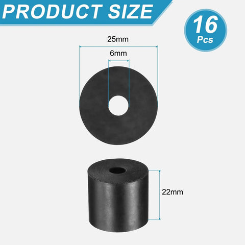 16 Pack Rubber Spacers 25mm Outer Diameter 6mm Inner Diameter 22mm Height Anti Vibration Dampening Bushings Grommets