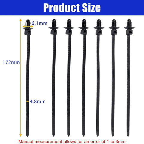 Heavy Kick Butt Christmas Tree Cable Ties Push Mount Auto Zip Ties For Engine Bay Wire Harness Management measuring 6.7 inches long.