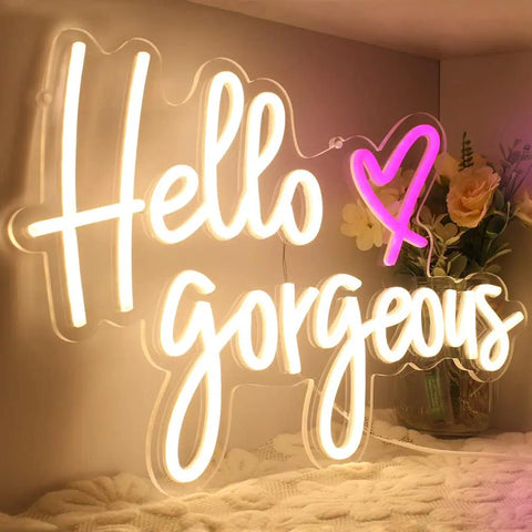 Hello Gorgeous Neon Sign White LED Light Wall Art For Home Decor Wedding Backdrop Birthday Party And Bachelorette Party Dimmable Switch 5V 16.5x11 Inches