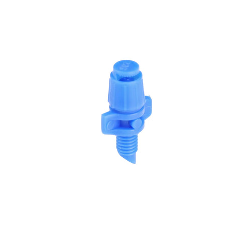 Single micro spray jet drip emitter with 10 to 32 threaded inlet for garden watering, half circle fan pattern, blue.