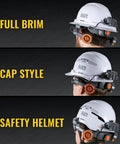 Dual Cooling Fan For Hard Hats And Safety Helmets, shown on full brim, cap style, and safety helmet angles.