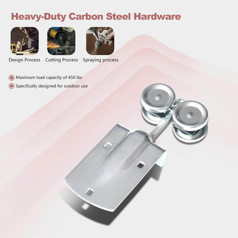 Close-up of heavy-duty carbon steel hardware from the Heavy Duty 16Ft Outdoor Sliding Barn Door Hardware Kit with galvanized steel track.