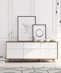 Stylish dresser with white drawers and wooden frame showcasing Brushed Satin Nickel Cabinet Knobs Six Pack Zinc Alloy Drawer Pulls.