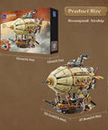 Steampunk Airship Model Kit For Grownups Dual Layer Zeppelin With Gear Driven Mechanical System DIY Building Blocks Set Retro Sci Fi Construction Toy For Collectors And Display next to box showing dimensions