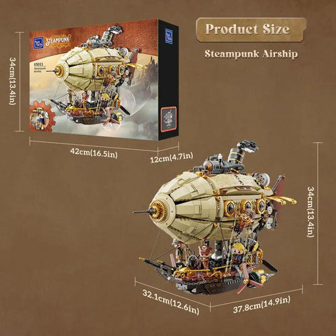Steampunk Airship Model Kit For Grownups Dual Layer Zeppelin With Gear Driven Mechanical System DIY Building Blocks Set Retro Sci Fi Construction Toy For Collectors And Display next to box showing dimensions