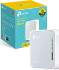 Compact Dual Band AC750 Travel Router with Multiple Modes next to its blue packaging box.