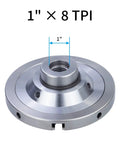 Close-up of Six Inch Wood Lathe Chuck Set One Inch By Eight Tpi Self Centering Four Jaw Wood Turning Chuck with labeled size.