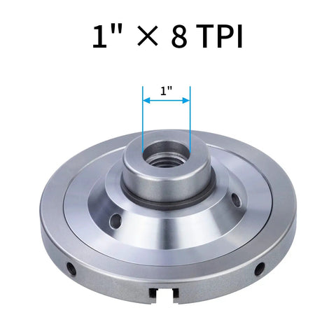 Close-up of Six Inch Wood Lathe Chuck Set One Inch By Eight Tpi Self Centering Four Jaw Wood Turning Chuck with labeled size.