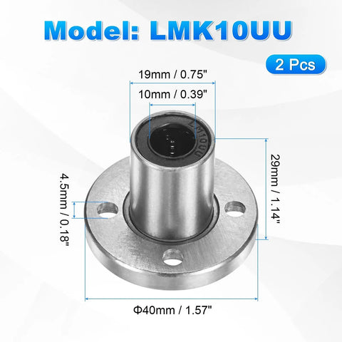 LMK10UU Linear Ball Bearings 10mm Bore 19mm OD 29mm Long Round Flange Bushing dimensions 2 pcs pack for 3D printers.