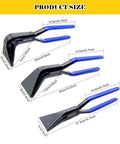 Must Have 3 Piece Hand Seamers Set For Sheet Metal Bending Including Straight Jaw, 45 Degree, And 90 Degree Pliers with sizes shown