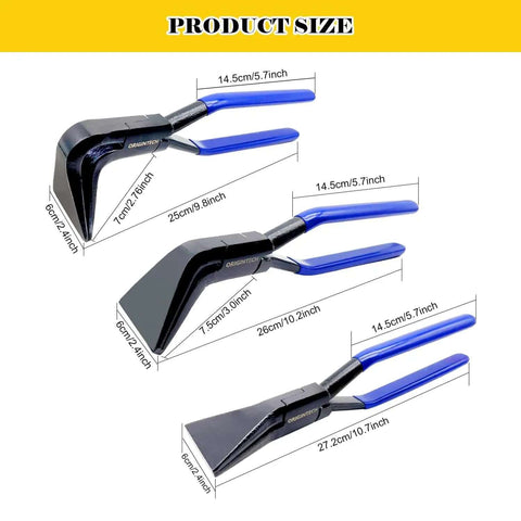 Must Have 3 Piece Hand Seamers Set For Sheet Metal Bending Including Straight Jaw, 45 Degree, And 90 Degree Pliers with sizes shown