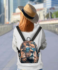 Mini Backpack Purse For Women Cute Small Daypack with lion design, adjustable straps, worn on woman's back in city setting.