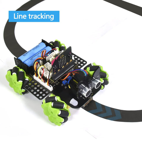 Front-angle view of KEYESTUDIO Microbit V2 4WD Mecanum robot car kit with lime-green wheels and blue battery pack.
