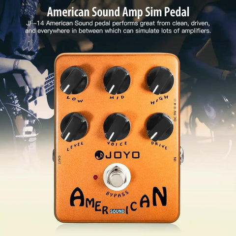 Golden-orange American Tube Amp Simulator And Preamp Guitar Pedal With Built In Cab Sim 6 Knob Tone Control on display.
