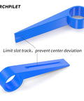 Blue bike piston press tool for disc brakes with caliper compatibility, durable plastic construction, side and top view.