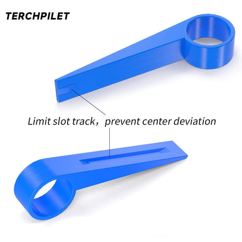 Blue bike piston press tool for disc brakes with caliper compatibility, durable plastic construction, side and top view.