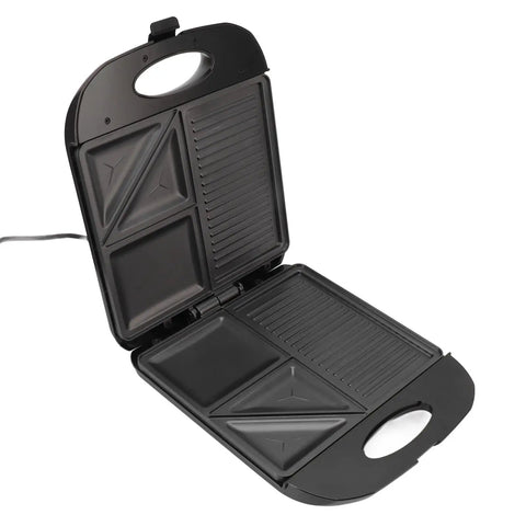 Multifunctional Electric Breakfast Maker With Nonstick Panini Press Surface Features Double Sided Grilling for cooking, open view.