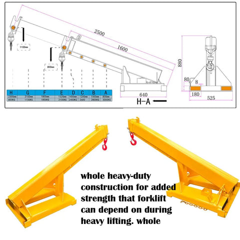 Workhorse 3 Ton Forklift Jib Boom Crane Telescopic Mount With Dual Forks 63 To 98 Inch Adjustable Carbon Steel Hoist Kit diagram and mounted view