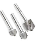 Three Piece Pro Grade Carbide Tipped V Groove Router Bit Set With 90 108 And 135 Degree Angles for Aluminum shaping and sign making