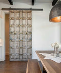 Vintage Indian Door Rustic Barn Style Front And Interior Exterior Wooden Door With Custom Size Option Single Or Double Old Look Sliding Or Hinged No Glass No Hardware showing intricate design in modern dining room