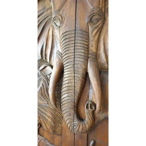 Hand Carved Elephant Doors in African Safari Style Dope Custom Size Interior Barn Door or Exterior Front Door Sliding or Pre Hung Hinged 71x34 Inches No Glass and Hardware Included with detailed elephant design.