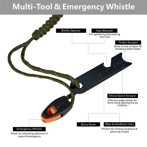 Close-up of Ultimate Flint And Steel Fire Starter Kit multi-tool with paracord lanyard, showing features like scraper and ruler.