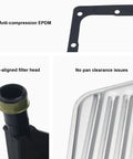 Shallow Oil Pan Transmission Filter Kit for 4L60E showing filter head, gasket, and pan with no clearance issues for Chevy Silverado GMC Yukon Cadillac Escalade 1993 2014 Includes Sealing Gasket and Filter Easy Install to Keep Your Transmission Shifting Smooth and Lasting