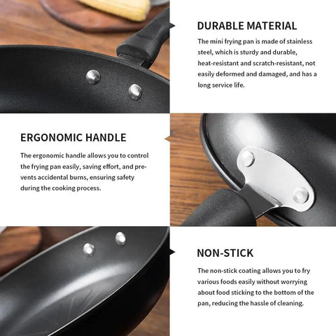 Close-up of 4.7 Inch Mini Nonstick Egg Pan For One Egg Frying Perfect Omelets And Pancakes On The Go, showing ergonomic handle and material.