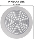 Straight Up Heavy Duty Stainless Steel Hair Catcher for Shower and Tub Drain with Thick Rubber Seal Non Slip Fit, 5.7 inches wide, showing product size.