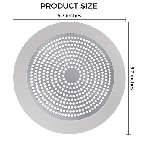 Straight Up Heavy Duty Stainless Steel Hair Catcher for Shower and Tub Drain with Thick Rubber Seal Non Slip Fit, 5.7 inches wide, showing product size.