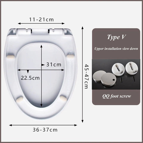 Dimensions of Silent Soft Close No Sweat Quick Release Oval Toilet Seat With Adjustable Zinc Hinge, showing fittings for easy installation.