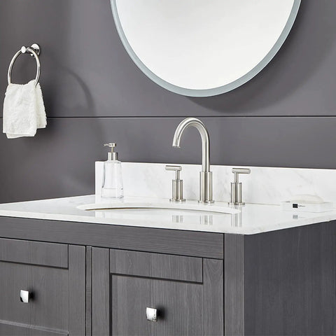 Three Hole Widespread Brushed Nickel Bathroom Faucet With Two Handles For 8 Inch Sink Vanity on marble countertop