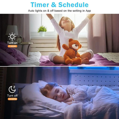 Child waking up with Smart LED recessed light timer from 2 Inch Smart LED Recessed Light Kit With 5W RGB Color Changing And CCT 2700K To 6500K, Dimmable, WiFi Control, Alexa And Google Home Compatible, 120V, Aluminum Heat Diffusion, Includes LED Driver, 6 Pack in bedroom.