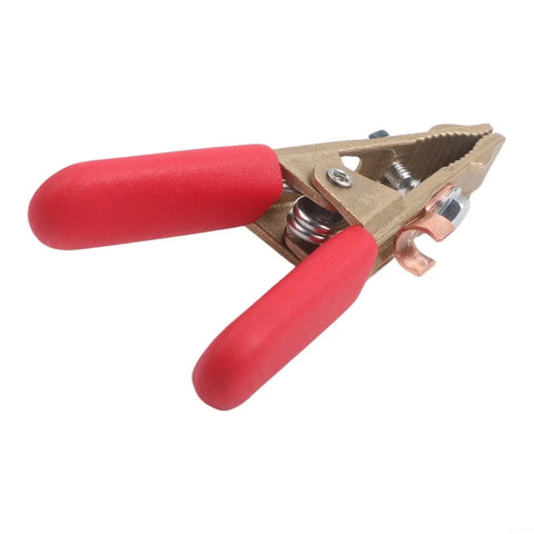 Heavy Duty 260A Brass Welding Ground Clamp With Wide 40mm Jaw For Stable Conduction And Secure Grip On Argon Or Gas Shielded Welding Tasks showing red rubber grips and brass body.