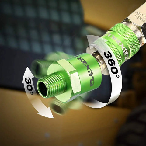 High Flow Ball Swivel Plug For Air Tools, 1/4 Inch Body And 1/4 Inch MNPT, Push-To-Connect Quick Connector, Pro Grade Build, Handles Up To 300 PSI, Twice The Flow Compared To Standard Interchanges, Nickel Finish, green swivel air tool plug with 360° rotation