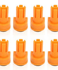 Heavy Duty Three Quarter Inch Aluminum Workbench Dogs Eight Pack With Grippy Pads For Killer Grip and No Sweat Setup Premium Quality Top Shelf Workshop Gear Daily Driver - orange clamps arranged in a grid.