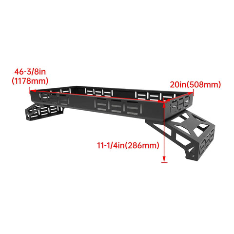 Badass Universal UTV Overbed Cargo Rack With Adjustable Mounting Brackets That Install Fast And Fit Most Side By Side Beds For Zero Headache Gear Storing dimensions with measurements.