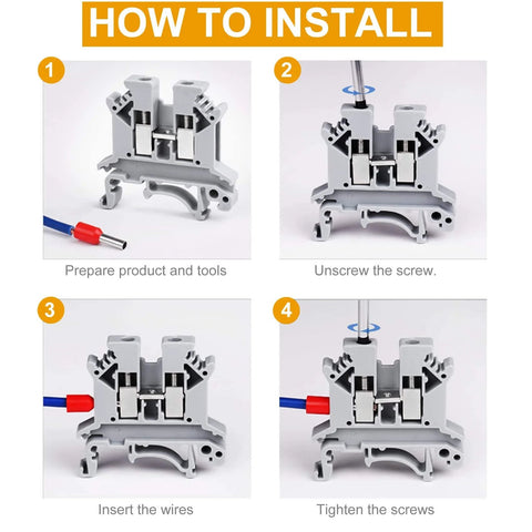 Installation steps for DIN Rail Terminal Block With Screw Clamp, 600V Rating, 20A Max, Handles 24 To 12 AWG Wires