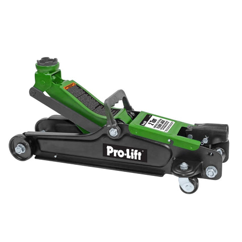 Pro-Lift F-757G 2-ton floor jack, green and black, side view showing hydraulic lift and wheels