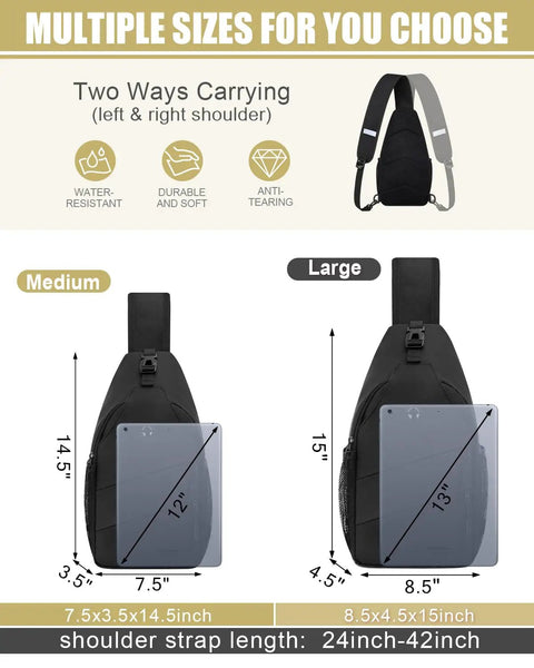 Dimensions of medium and large Everyday Crossbody Bag For Men And Women With Convertible Shoulder Strap, black.